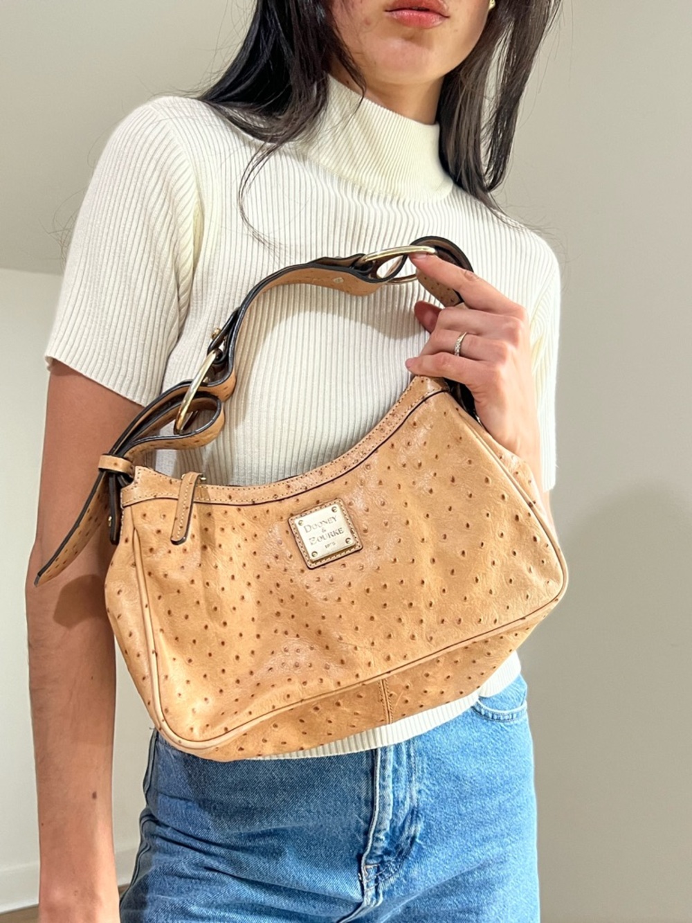 Vintage Authentic Dooney & Bourke Tan Ostrich-Embossed Leather Shoulder Bag